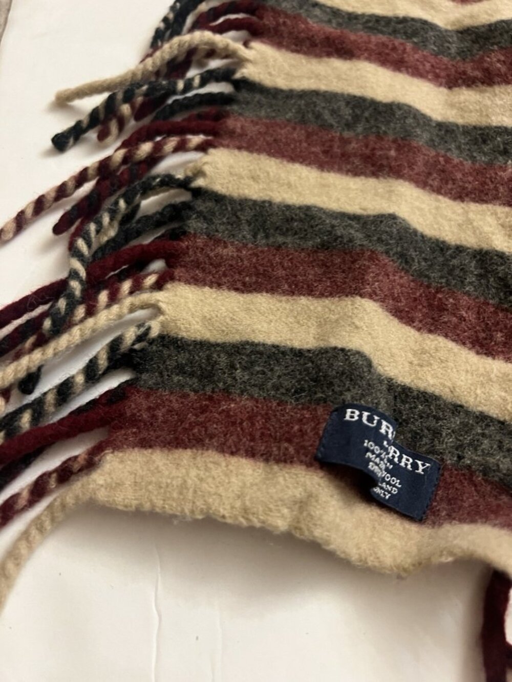 Burberry London Short Fringed Striped Lambswool Scarf - Picture 2 of 4